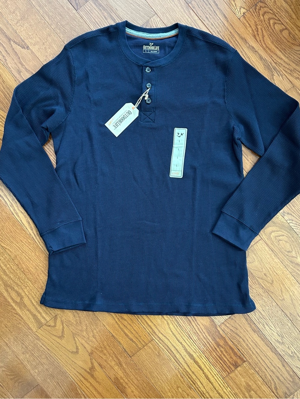 Outdoor Life Men’s Navy Blue Long-Sleeve Waffle Knit Henley Shirt Size Large NWT